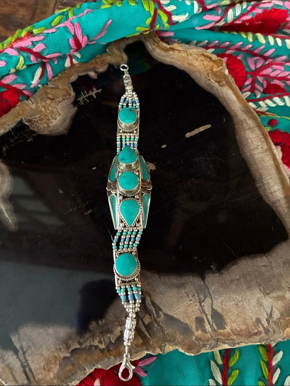 Turquoise Stone Beaded Silver Bracelet - Women Jewelry - Picture 2 of 5